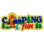 The words Camping Is Fun are made out of mountains, a tent and a river.