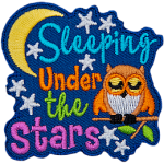 The words Sleeping Under The Stars are next to a sleeping orange owl and a moon.