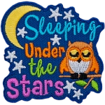 The words Sleeping Under The Stars are next to a sleeping orange owl and a moon.