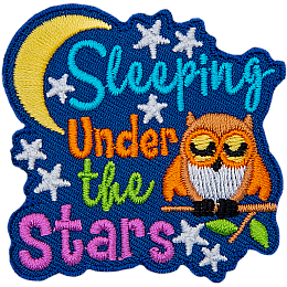 The words Sleeping Under The Stars are next to a sleeping orange owl and a moon.