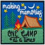 The patch reads Making Memories One Camp At A Time with a background of a brown tent and a campfire.
