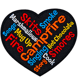 A wordle in the shape of a heart. It has campfire-related words, such as smoke, songs and cook.