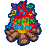 A blazing campfire is surrounded by colourful music notes. Inside the fire are the words Campfire Songs.