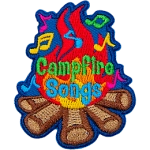 A blazing campfire is surrounded by colourful music notes. Inside the fire are the words Campfire Songs.