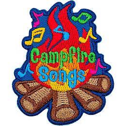A blazing campfire is surrounded by colourful music notes. Inside the fire are the words Campfire Songs.