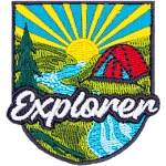 A round red tent sits in front of a setting sun. The word Explorer is in the foreground.