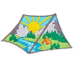 A patch in the shape of a tent with a beautiful mountain landscape inside.