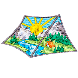 A patch in the shape of a tent with a beautiful mountain landscape inside.