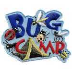 The words Bug Camp are above a tent surrounded by beetles and mosquitoes. 