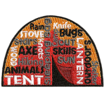 This square patch is filled with words going in every direction with a tent in the background. 