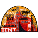 This square patch is filled with words going in every direction with a tent in the background. 