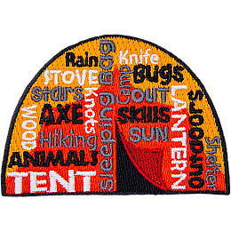 This square patch is filled with words going in every direction with a tent in the background.