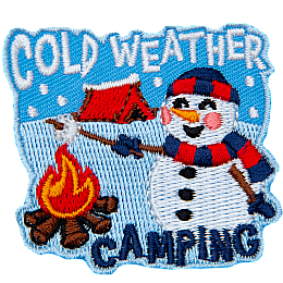 A camping snowman roasts a marshmallow over a campfire. The badge reads Cold Weather Camping.