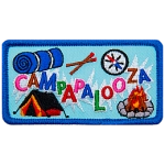 The word Campapalooza is laid out in a zig-zag pattern surrounded by different camping symbols.