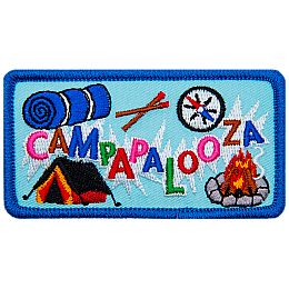 The word Campapalooza is laid out in a zig-zag pattern surrounded by different camping symbols.