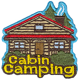 A log cabin surrounded by bushes and trees with the words Cabin Camping printed at the bottom.