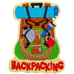The back of a backpack is displayed bulging with items such as a bedroll, water canteen, flashlight, and cup.