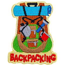 The back of a backpack is displayed bulging with items such as a bedroll, water canteen, flashlight, and cup.