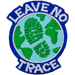 Earth with a boot print across the ocean. The words Leave No Trace are written around the outside.