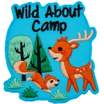 A deer and a squirrel with two trees in the background. The crest reads Wild About Camp.