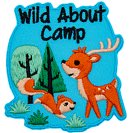 A deer and a squirrel with two trees in the background. The crest reads Wild About Camp.