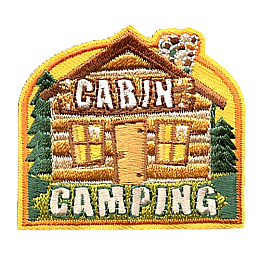 A rustic wood cabin in the woods with the words Cabin Camping on it.