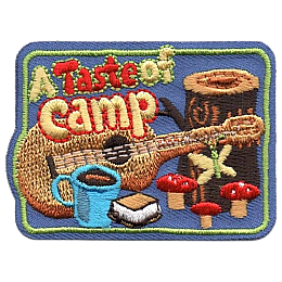 A stump, mushrooms, guitar and s'mores under the words A Taste Of Camp.