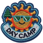 A sun with glasses, holding a tree, above the words Day Camp.