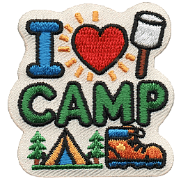 The words I love Camp are above a tent and hiking boot. The word Love is a heart.