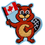 A cartoon beaver stands with one hand on its chest and the other waving a Canada Flag.