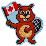 A cartoon beaver stands with one hand on its chest and the other waving a Canada Flag.