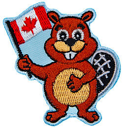 A cartoon beaver stands with one hand on its chest and the other waving a Canada Flag.