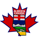 The Alberta provincial crest sits on a large maple leaf to represent Canada.