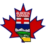 The Alberta provincial crest sits on a large maple leaf to represent Canada.