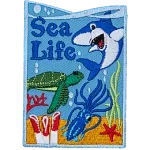 A shark, turtle, and squid swim over coral and seaweed on this vertical Sea Life patch.