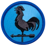 A metal rooster sits on an arrow, forming a weather vane. 