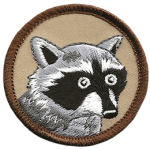 A 3/4 view of a raccoon on a brown background.