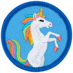 A unicorn rears majestically in the centre of a blue circle.
