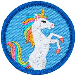 A unicorn rears majestically in the centre of a blue circle.