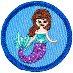 A mermaid with brown hair and a purple tail is on a blue circle.