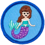 A mermaid with brown hair and a purple tail is on a blue circle.