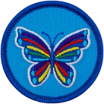 A rainbow butterfly on a blue background.