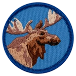 The bust of a moose is on a blue, circular badge.