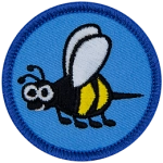 A smiling cartoon bumble bee on a blue background.