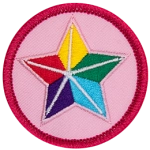 A five-pointed star with each point being a different colour. Yellow, red, green, purple and blue.