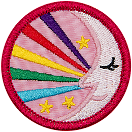 A sleeping moon with five rainbow strands coming out of it.
