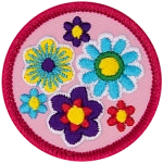 Blue, pink, purple and yellow flowers are clustered together on a pink background.
