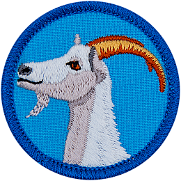 The side profile of a white goat with curved brown horns on a blue background.