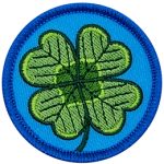 This circular patch displays a four-leaf shamrock on a background of blue.
