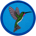 A hummingbird with wings spread wide open faces the right edge of this round circle badge.